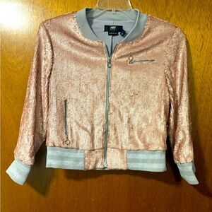 ABS Allen Schwartz Rose Gold Sequin Bomber Jacket Small Made USA Zip Front Y2K